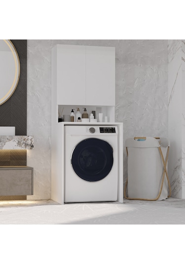 Mobilya Çamaşır Makinesi Dolabı 3 Raflı Kapaklı Banyo Dolabı Beya Beyaz