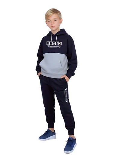 Kapüşonlu Kanguru Cepli Bronx Yazı Baskılı Erkek Çocuk Eşofman Takımı Lacivert - Gri