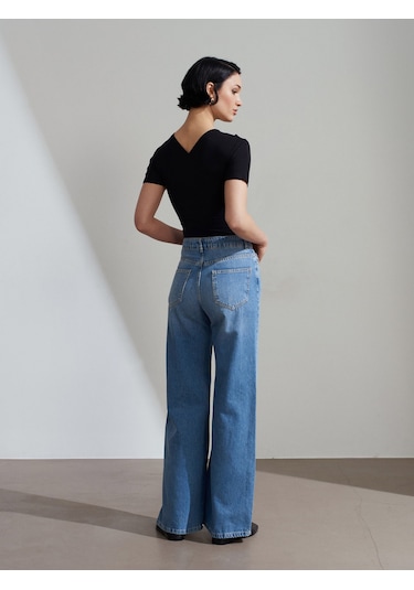 Dilvin 72286 %100 Pamuk Dökümlü Wide Leg Jean-mavi Mavi