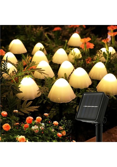 Hombey Güneş Enerjili Mantar Desenli Led Işık Zinciri, 10 Adet, 8 Mod, Su Geçirmez, Bahçe Çimenliği Yol Dekorasyonu, Noel Bayramı Partisi Aydınlatması Beyaz