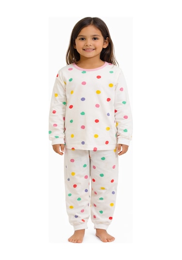Renkli Puantiyeli Kız Çocuk Pijama Takımı Beyaz