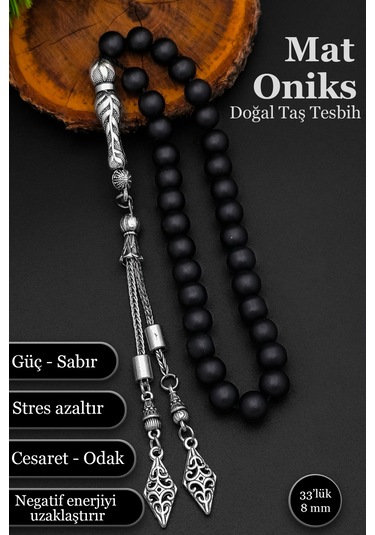 Mat Oniks Tesbih Erkek Doğal Taş Tesbih 8 Mm Bt056 Siyah - Gri