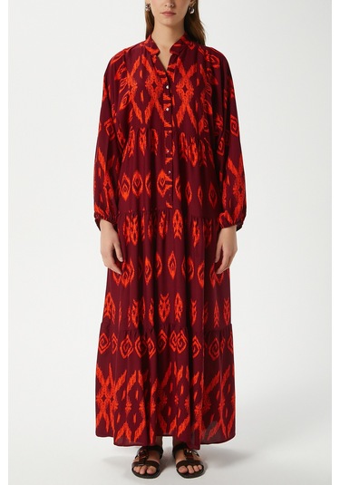 Modest Megan Turuncu Kadın %100 Viskon Maksi Boy Katlı Balon Kol Uzun Yazlık Elbise Turuncukırmızı