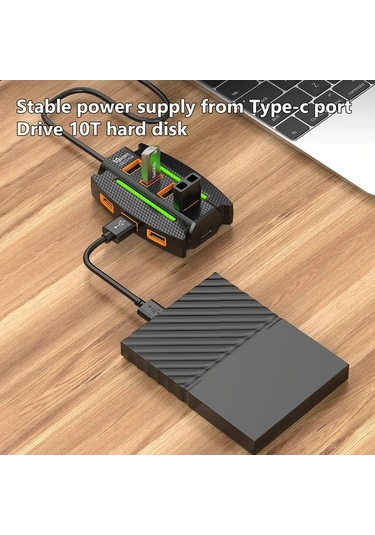 Xuweiwei 1 Adet Siyah Yüksek Hızlı 10 Portlu Usb 2 0 Hub Rgb Işıklı Çoklu Cihaz Ayrıcı Veri Aktarım Tak Çalıştır 36v Bilgisayar Aksesuarı