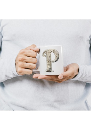 P Harfi Bardak, Monogram 330 Ml Barok Oymalı Görünüm Beyaz