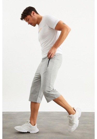 201762 Cep Nakış Detaylı Erkek Kapri-Gri Melanj