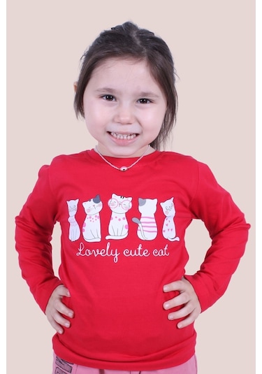 3'lü Cat Meow-free To Fly-lovely Cute Cat Baskılı Kız Çocuk Uzun Kol Kırmızı-beyaz-gri Sweatshirt Çok Renkli