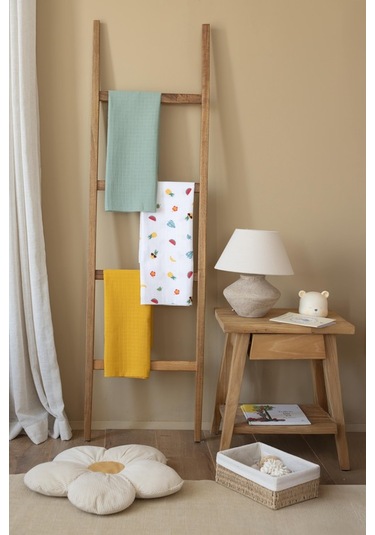 Çok Amaçlı Müslin Örtü & Battaniye 3'lü Set Pamuk Oeko-teks Sertifikalı 80x80 CM Beyaz - Hardal