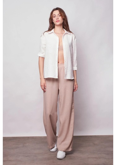 Kadın Keten Düşük Omuzlu Yakalı Kapri Kol Apoletli Gömlek -krem Krem