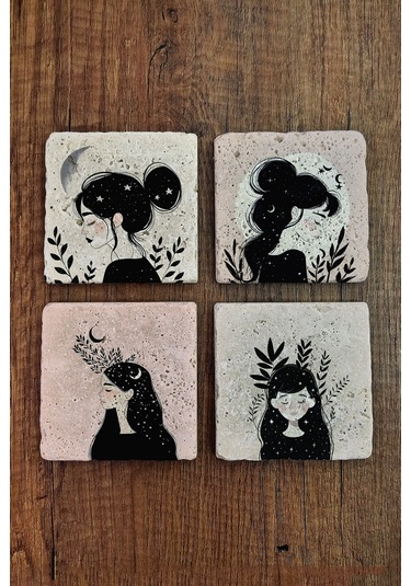 Doğal Taş Bardak Altlığı Yıldızlı Kadınlar Temalı 10x10cm - Stone Coasters Çok Renkli
