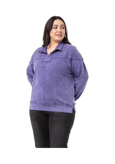 Büyük Beden Pis Dikişli Fermuarlı Yırtmaçlı Parça Boyalı Mor Sweatshirt-mor Mor