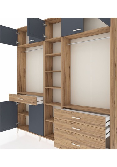 Arges Dolap 11 Raflı 4 Çekmeceli 2 Askılı 220x30x243 Çam-antrasit/çam Antrasıt/atlas Çam