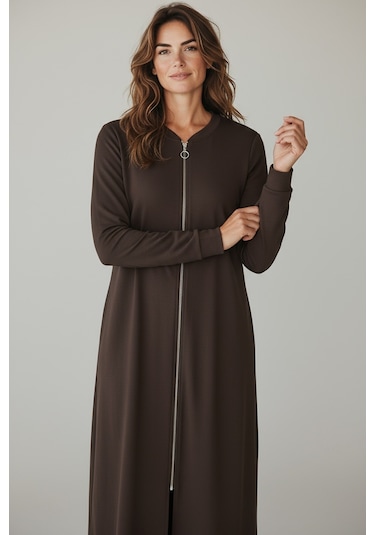 Kadın Önü Fermuarlı Kolu Manşetli Gizli Cepli Mevsimlik Kap Kahverengi