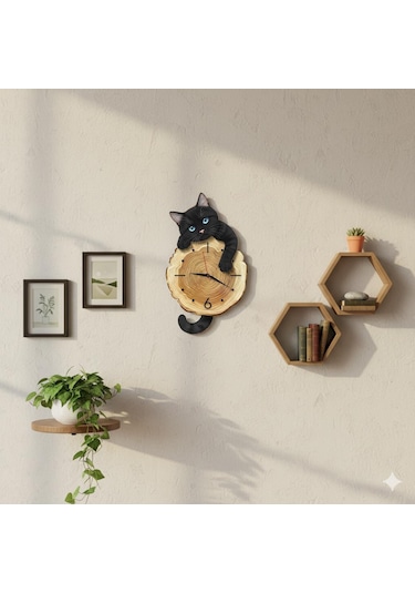 Cajuart Kütük Üzerinden Bakan Siyah Kedi Tasarımlı Duvar Saati Modern Dekoratif Saat Kahverengi