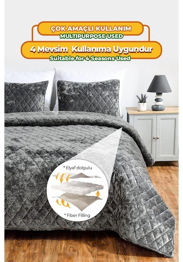 Evlen Home Kapitone Kadife Yatak Örtüsü Seti Tek Kişilik Supersoft 2 Parça Yumuşak Elyaf Dolgulu Antrasit Bej