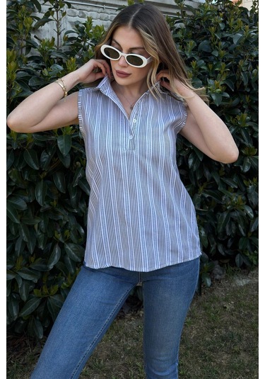 Kadın Anrasit Çizgili, Dokulu Yazlık Kumaş, Yarım Patlı, Sıfır Kollu Bluz Siyah