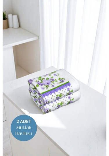 2li Paket Baskılı Beyaz Mutfak Havlusu Modeli Lila Güller
