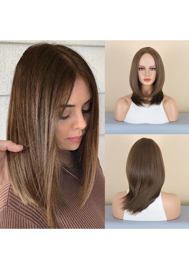 Ortadan Ayrılmış Kahverengi Doğal Sentetik Omuz Hizasında Peruk