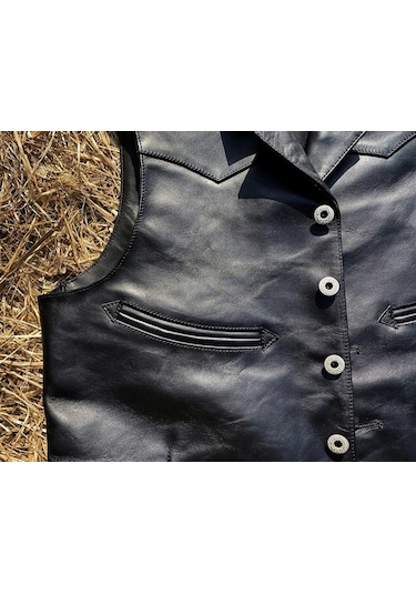 Yakalı Metal Düğmeli Yelek Hakiki Deri