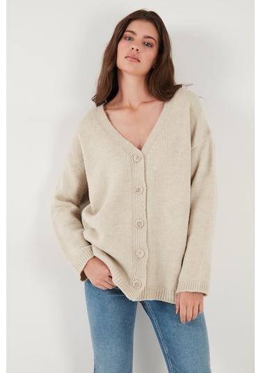 Lela Regular Fit V Yaka Düğmeli Triko Bayan Hırka 4616229 Taş