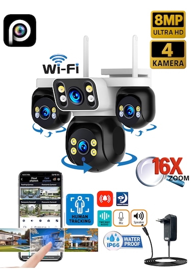 Hieasy 8mp 4 Kameralı Wifi 16x Zoom Hieasy Gece Görüş Çift Yönlü Ses Uzaktan İzleme Kişi Takibi Türkçe Es-5804