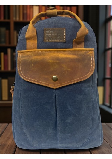 Vintage Deri Kanvas Su Geçirmez Disayn Unisex Gezi Okul Kamp Seyahat Sırt Çantası 28x39cm Lacivert