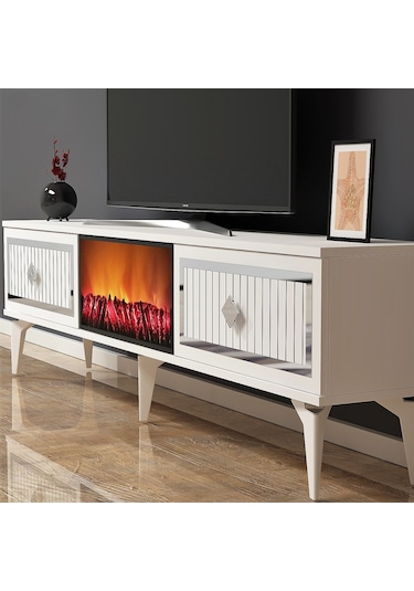 Flame Şömineli Tv Sehpası-ünitesi Beyaz-Gümüş