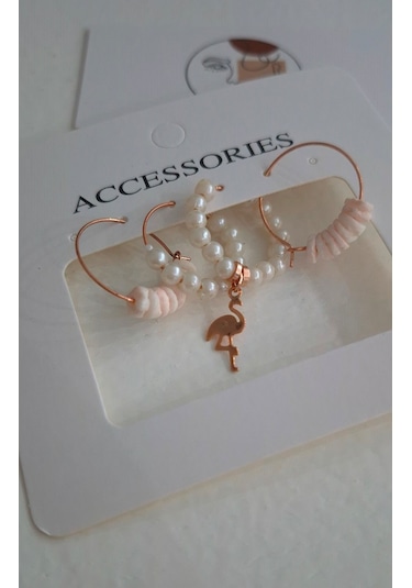 Rose Flamingo Gerçek Mercan Dörtlü Küpe Set Rose