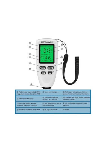 Honeybeeshop Beyaz Hw300 Mını Yüksek Hassasiyetli Kaplama Kalınlık Ölçer 15mm Lcd Ekranlı Pil İle Çalışan Abs Reçine