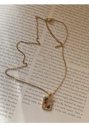 Renkli Taşlı Kare Çelik Kararmaz Gold Kolye Altın