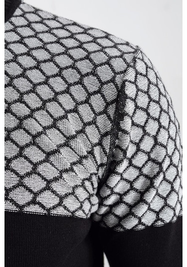 Heyss Bisiklet Yaka Petek Örgü Siyah-Ekru Erkek Triko Kazak Siyah