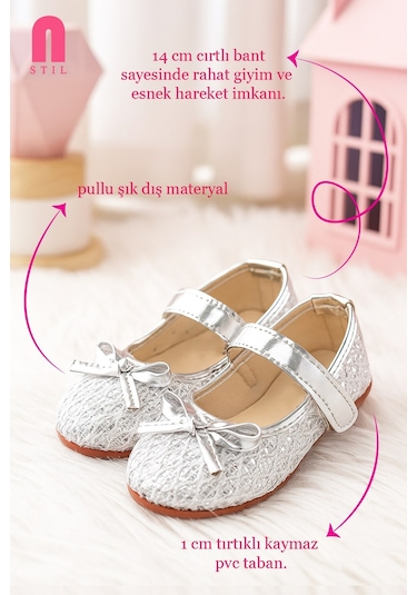Günlük Kız Çocuk Babet Cırt Bantlı Pul Ve Fiyonk Detaylı Hafif Rahat Ayakkabı 413 Gümüş