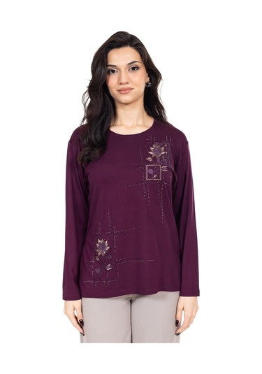 Yeni Sezon Kadın Orta Yaş Ve Üzeri Viskoz Kanaviçe İşlemeli Lüks Anne Penye Bluz 24311-mürdüm Mürdüm