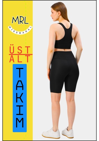 Kadın Siyah Takım Alt-üst Kısa Şort-tayt Ve Pedli Sporcu Büstiyer 2li Set Lacivert Biyeli Elt3043 Siyah Lacivert