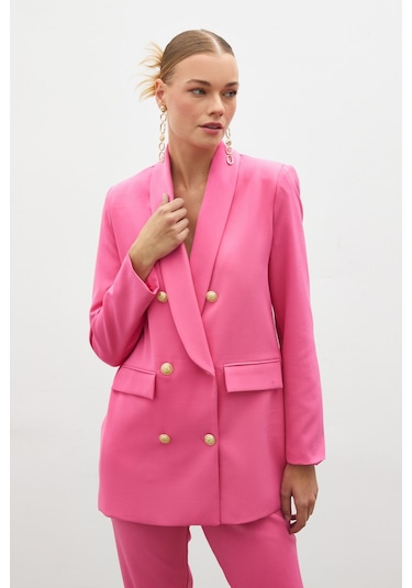 Sateen Düğme Detaylı Kruvaze Ceket - Pembe