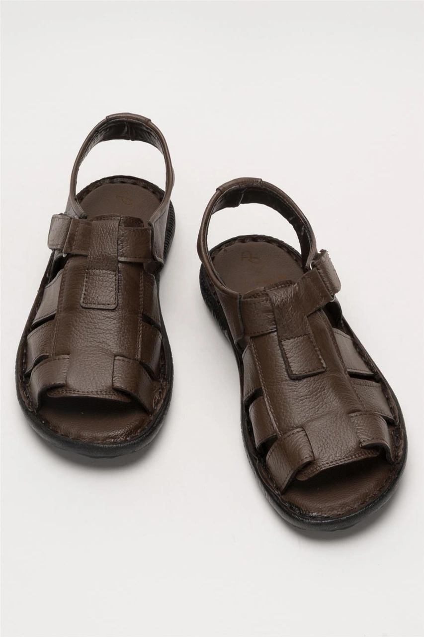 Erkek Hakiki Deri Cırtlı Sandalet Kahverengi - Siyah Kahverengi - Siyah