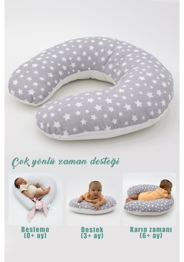 Çift Taraflı Emzirme Yastığı /bebek Destek Minderi, Hamile Yastığı, Pamuklu Kumaş, Stars Desen, Gri