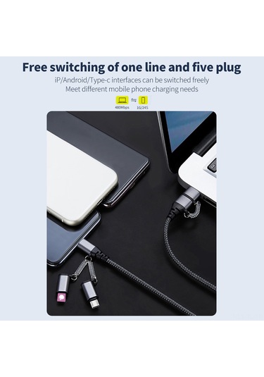 Hombey 5-in-1 Hızlı Şarj Kablosu, 3a Akım, 1 Metre Uzunluk, Nilon Kaplama, /type-c/android Uyumlu, Koyu Gri