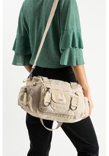 Kadın Omuz Çantası Çapraz Askılı Postacı Bayan Çantası 21 31 Cm Poliamid Hafif Kumaş Kol Çantası Krem