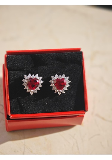 Silver Point Kırmızı Taşlı Kalpli Çivili Küpe Gümüş