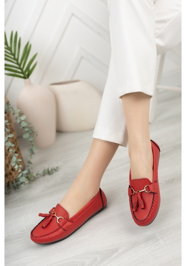 Khayt Tassel Casual Günlük Kadın Babet Ayakkabı Kırmızı