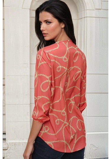 Bordo, Zincir Desenli, Lastikli Kol Detaylı, Bluz Bordo