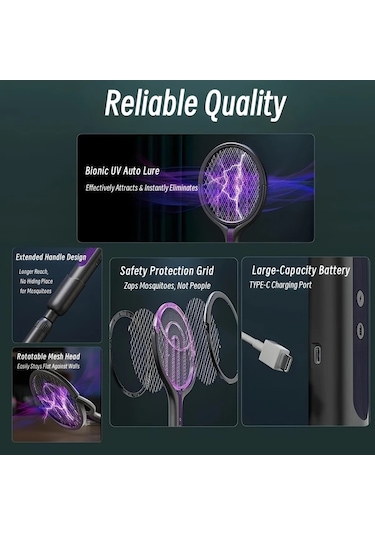 Boatshop1 Yeni Çok Fonksiyonlu Without Telescopic Rod Katlanabilir Usb Elektrikli Sinek Raket Döner Başlıklı İç Mekan Ofis Kamp İçin Mor Böcek Işıklı