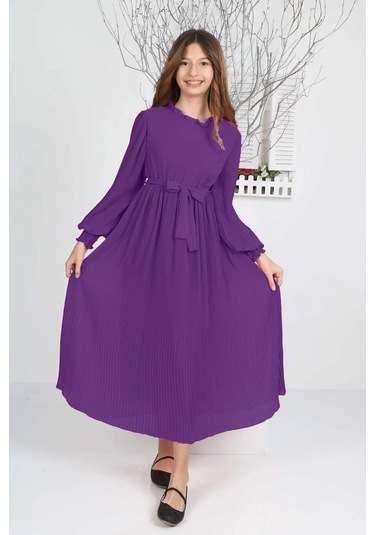 Kız Çocuk Uzun Boydan Pliseli Şifon Elbise Mor