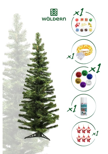 Waldern 120 CM Yılbaşı Çam Ağacı ve Süsleri (Kar Spreyi + 12 Parça Süs + 1 Sim Süs + 5 M Led Işık)