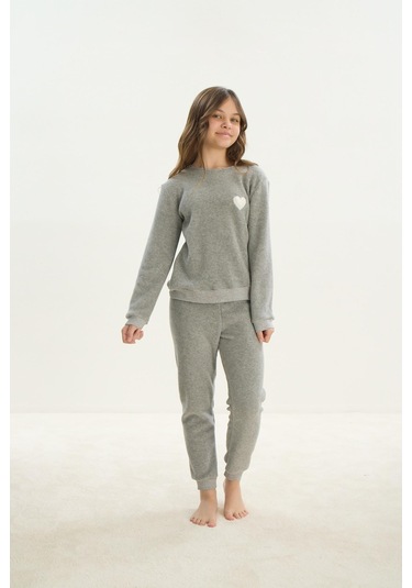 Kız Çocuk Garson Uzun Kol Polar Gri Melanj Pijama Takım C0t5n7o8 001