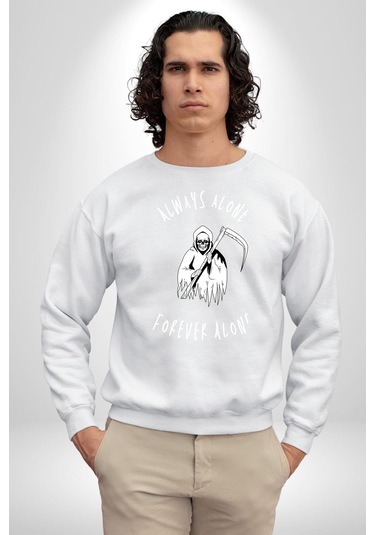 Her Zaman Yalnız Daima Yalnızlık Azrail Unisex Beyaz Sweatshirt Beyaz
