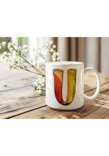U Harf Yaprak Renkleri İle Kupa Bardak - Kişiye Özel Alfabe Harfli Bardak - Hediye Beyaz