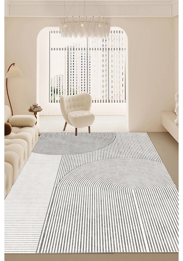 Decomia Home Dijital Kaymaz İskandinav Yıkanabilir Gri Modern Çizgili Salon Halısı Mutfak Halısı Yolluk DC-7185 Gri
