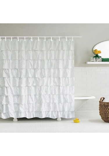 Su Geçirmez Oluklu Kenar Duş Perdesi Fırfırlı Banyo Perdesi Dekorasyonu Beyaz